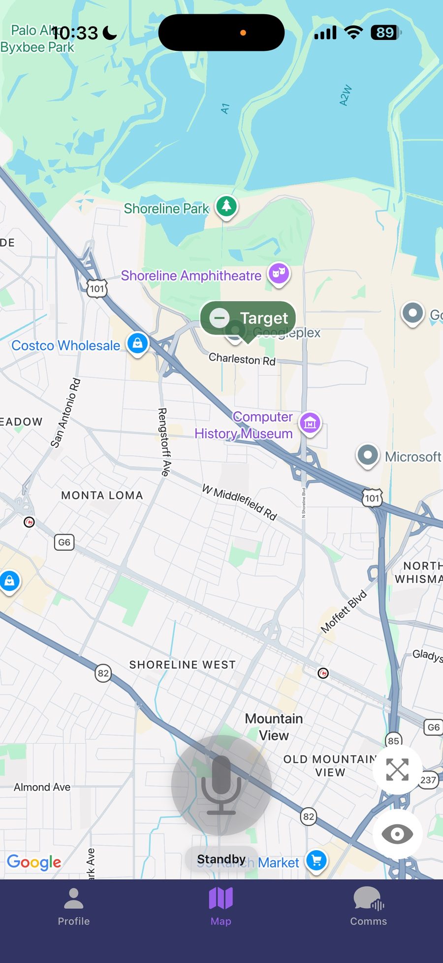 Skyline mobile app map view showing live operator position and PTT button