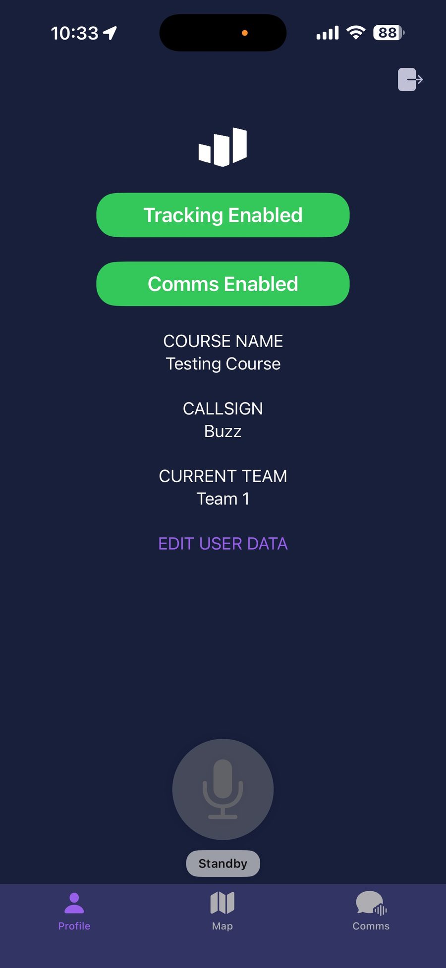 Skyline mobile app profile screen showing Tracking Enabled and Comms Enabled status