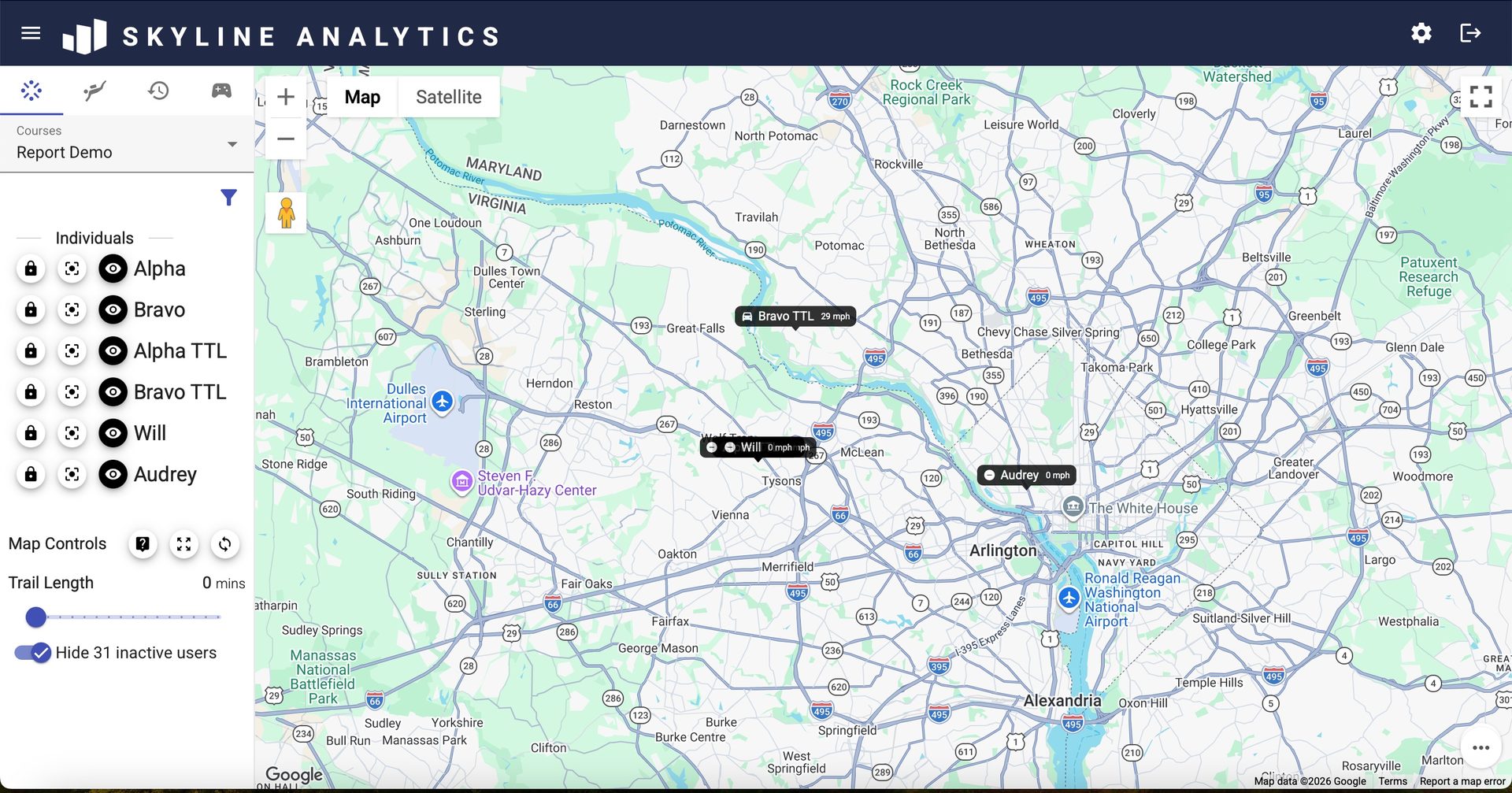 Skyline Analytics live tracking dashboard showing multiple personnel positions on a map of the DC/Virginia area