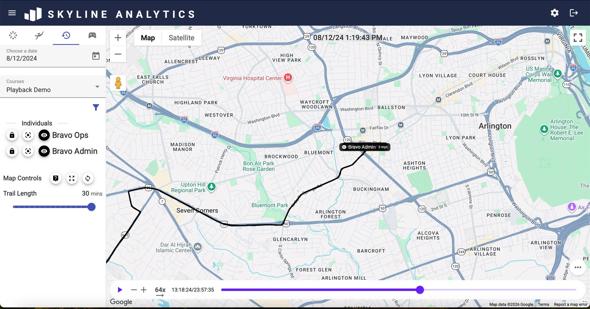 Skyline Analytics movement playback showing route trail with timeline scrubber